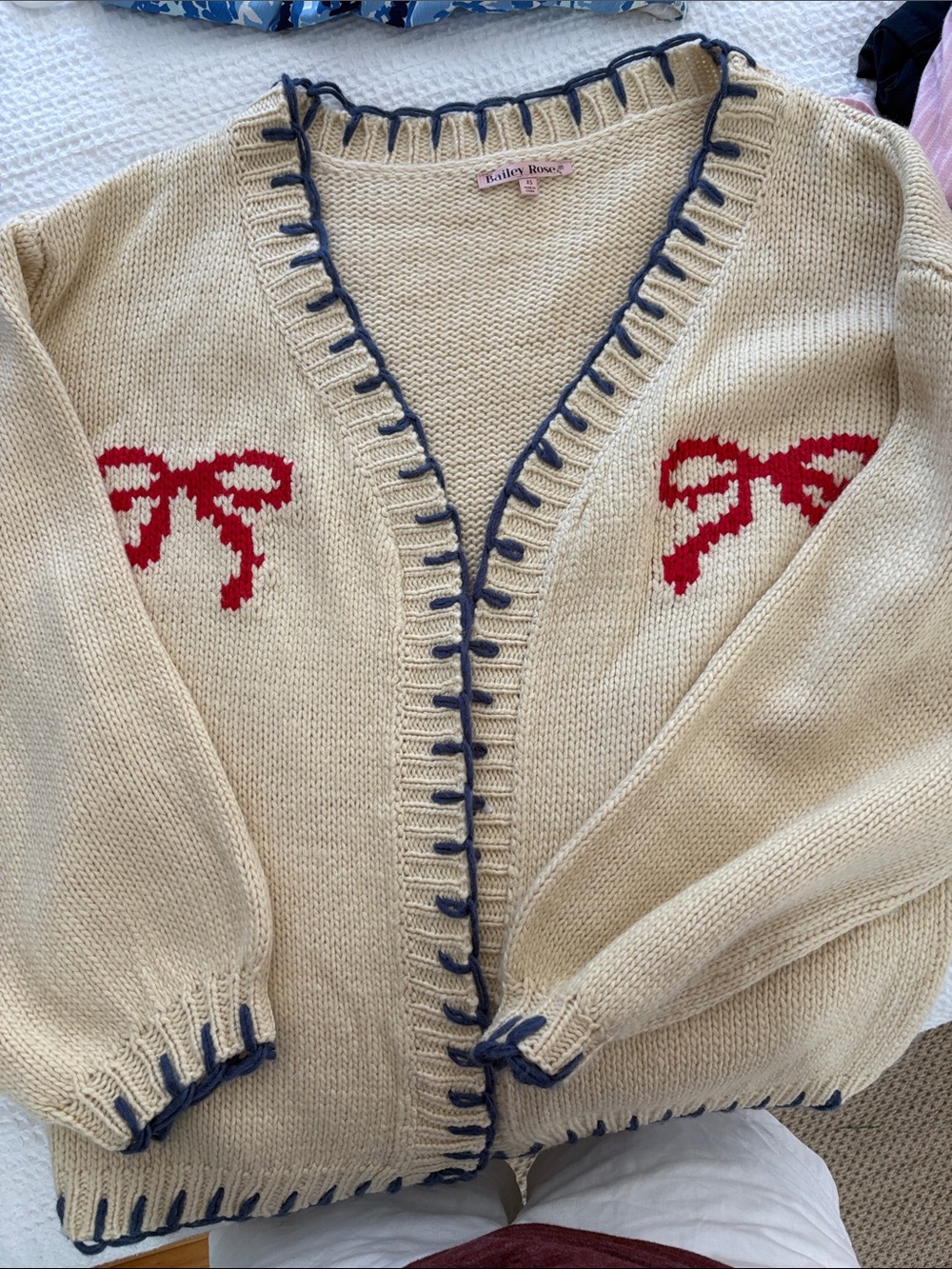 Bailey Bow-Accent Cream Cardigan with Navy Trim